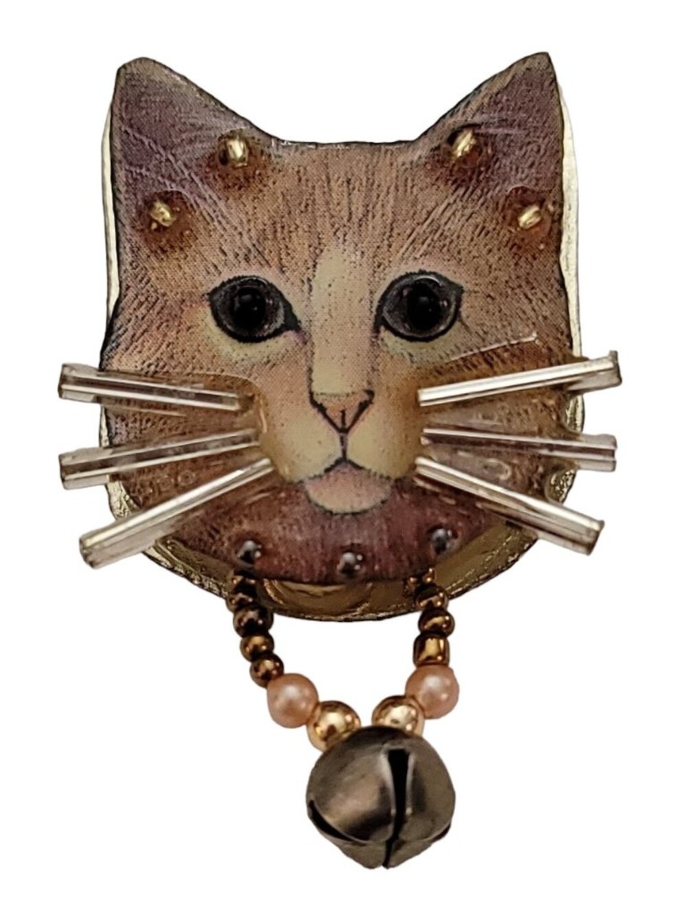 Bonnie Kondor Artisan Mixed-Media Beads dangle Bell Cat Brooch Pin, Signed K683